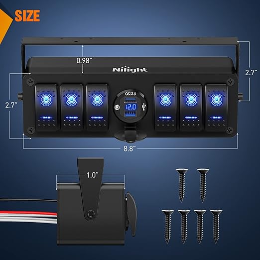Nilight 6 Gang Rocker Switch Box 12V SPST ON Off Switch QC 3.0 USB Charger Voltmeter Waterproof Aluminum Rocker Switch Panel Night Glow Stickers for Boats Cars RVs Trucks, 2 Years Warranty,Blue