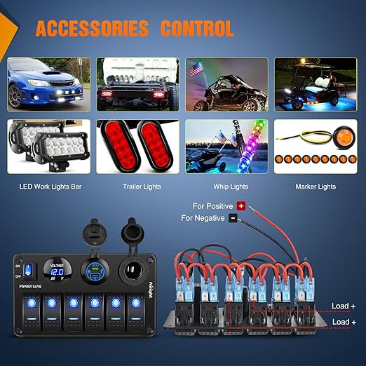 Nilight 6 Gang Rocker Switch Panel Waterproof Pre-Wired Aluminum Power Control Marine Panels with PD Type C and USB Cigarette Lighter Socket Voltmeter 12V 24V ON Off Switches for Car Trucks Boats RVs