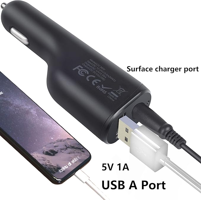 Surface Pro Car Charger Surface Laptop Car Charger,36W 12V 2.58A Power Supply for Microsoft Surface Pro 3/4/5/6/Book/Go,Surface Pro 9,Surface Laptop car charger with USB 2.0 Port(5Ft Cord)&Travel Case