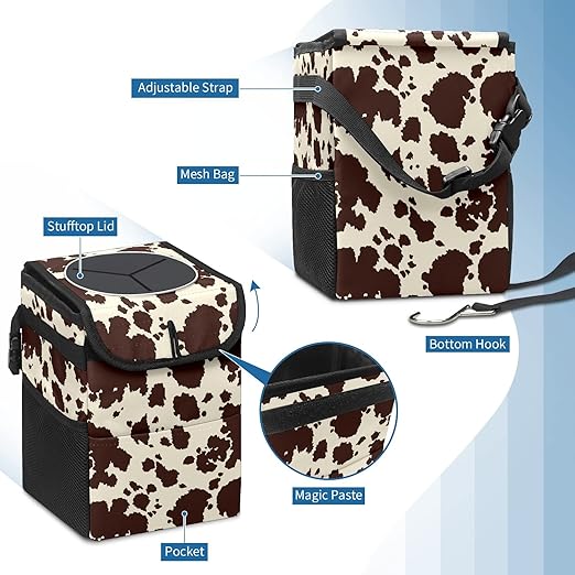 Brown Cow Print Collapsible Car Trash Can with Lid - Reusable, Waterproof, Garage Bag, Interior Car Organizer