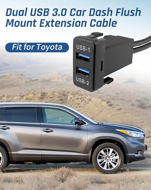 Dual USB 3.0 Car Dash Flush Mount Extension Cable, Length 3.3FT (1M) Fit for Toyota, Size 1.6”x0.9”x2.3” (Type B)