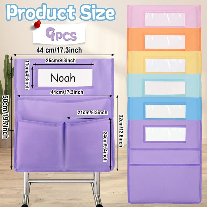 gisgfim 9 Pcs Chair Pockets for Classroom 19 x 17 inch Seat Sacks for Classroom Chairback Pocket Chart 3 Pockets Chairs Seat Back Organizer with Name Tag for School Home Classroom Supplies(Boho)