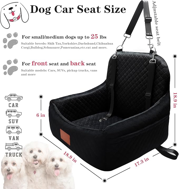 Small Dog Car Seat for Small Dogs Under 30 lbs, Memory Foam Pet Car Seat with Joint Relief & Washable Cover, Portable Travel Bed for SUV/Sedan (Black)