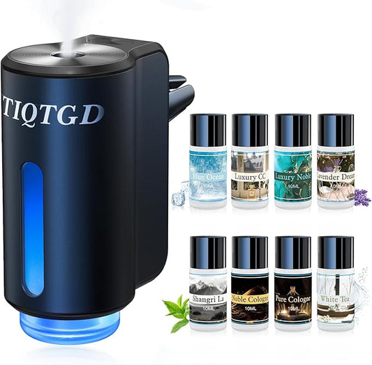 Smart Car Air Freshener, Car Air Freshener Diffuser with 3 Adjustable Light Modes, Rechargeable Aromatizante para Carro with 8pcs Essential Oil, Long-Lasting, Black