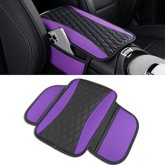 Leather Car Center Console Cover with Side Pockets, Upgraded Arm Rest Cover for Car Seat Organizer, Middle Console Cover Stylish Car Decoration, Universal for Most Vehicles (Purple)