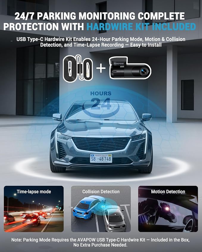 AVAPOW 4K Dash Cam Front for Cars, Free Hardwire Kit & 64GB Sd Card Included – WiFi 6, App Control, UHD 2160P, Built-in G-Sensor, Loop Recording, Night Vision, 170° Wide Angle, 24H Parking, WDR