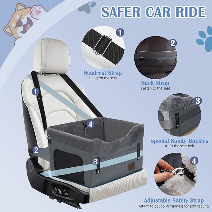 PetsHome Dog Car Seat for Small Dogs, Detachable Washable Pet Booster Seat with Storage Pocket, Breathable Mesh, Safety Leash, Adjustable Straps for Small Pets Up to 25lbs-Grey