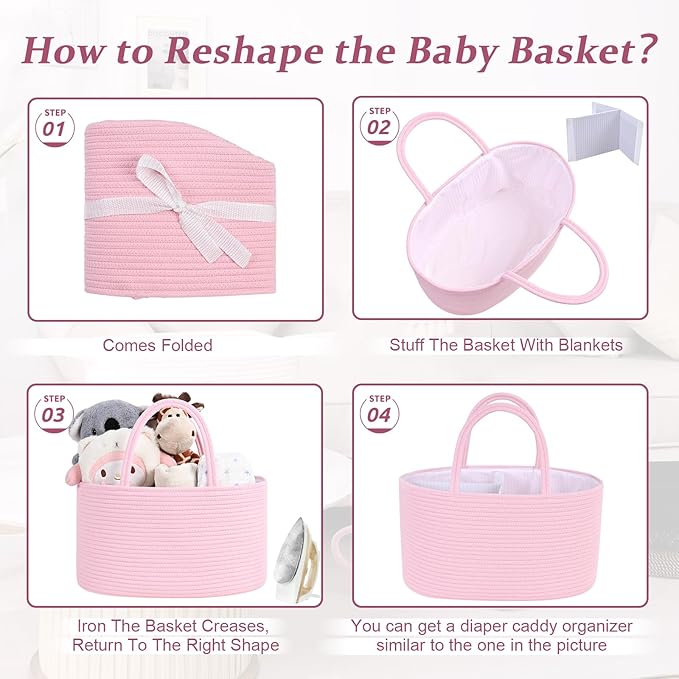 13.5L Baby Diaper Caddy Organizer, 15.3"x9.8"x7" Cotton Rope Diaper Basket, Changing Table Storage Caddy With Removable Divider, Baby Basket for Nursery, Car, Diapers, Baby Shower Gifts for Newborn