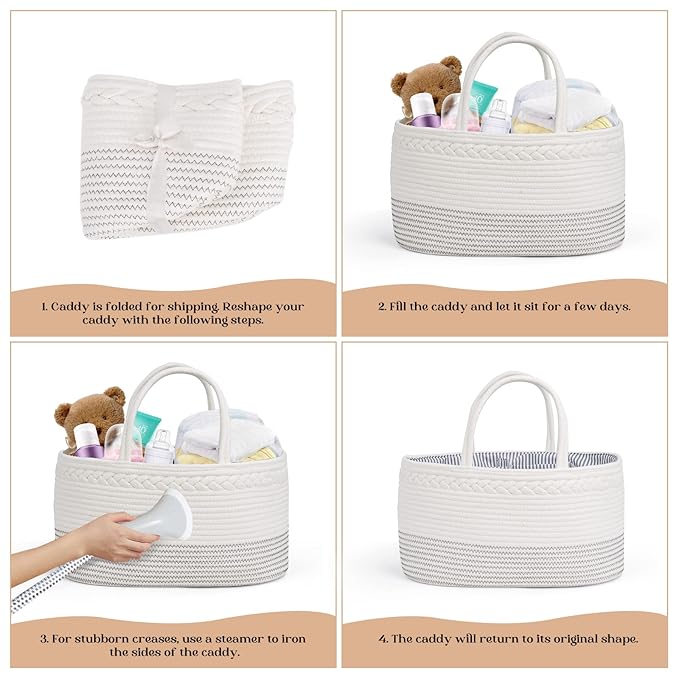luxury little Diaper Caddy Organizer, Large Cotton Rope Nursery Baby Basket, Changing Table Organizer for Baby Diaper Storage, Portable Car Organizer Removable Divider (Off White, Extra Large)