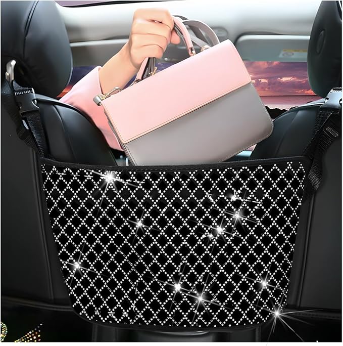 zipelo Bling Car Net Pocket Handbag Holder, Rhinestone Vehicle Backseat Purse Organizer Between Seats, Diamond Hanging Storage Bag Barrier of Pet Kids, Universal Automotive Accessories (White)