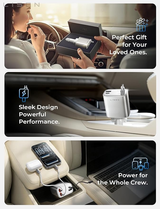LISEN White Retractable Car Charger, for Gifts for Him Her, for iPhone 17, Cute 4 in 1 Retractable USB C Car Charger for Women, 75W Fast Charging Car Accessories for iPhone & Samsung S26 & Android