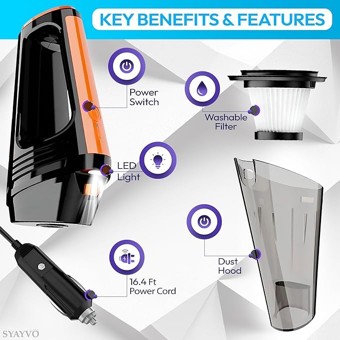 SYAYVO Portable Car Vacuum Cleaner - 8000PA/100W/DC12V Corded Vacuum Cleaner Handheld Vacuum with Attachments, LED Light Cleaning Kit 16.4 Ft Car Detailing Accessories for Women & Men