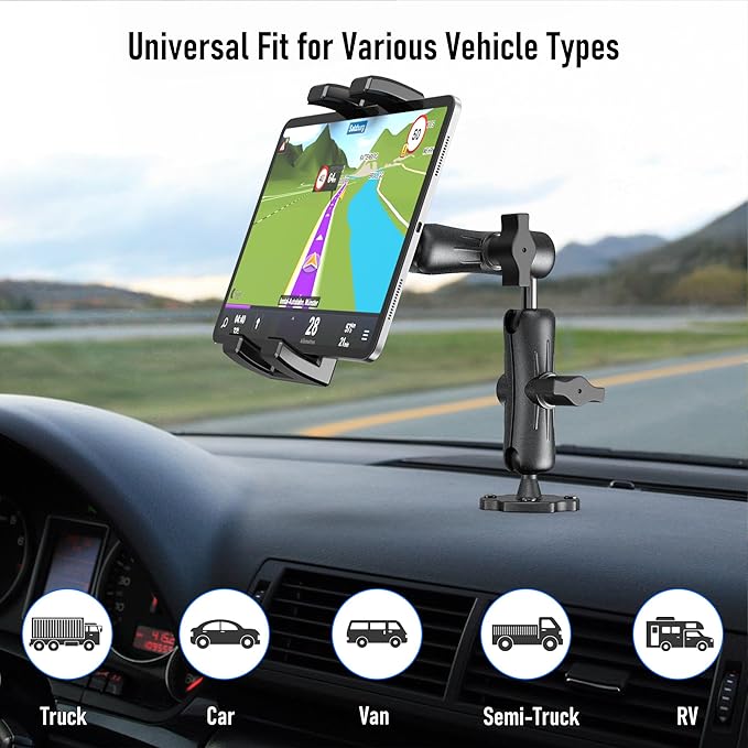 Aluminum Heavy Duty Tablet Mount Car Holder Dashboard for Truck/Vehicle/Desk/Wall, 360° Adjustable Dual Arm iPad Stand Holder Mount for 4.7"-12.9" iPad Pro/Air/Mini/Samsung Galaxy Tab
