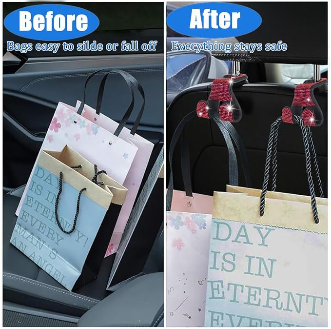 MTGOCHA Bling Car Purse Hooks 2Pcs, Durable Car Headrest Hook, Holds 44Lbs, Double-Hooks, Wide-Opening, Rhinestone Automobile Purse Hangers Holder, Bling Car Accessories for Women, Red