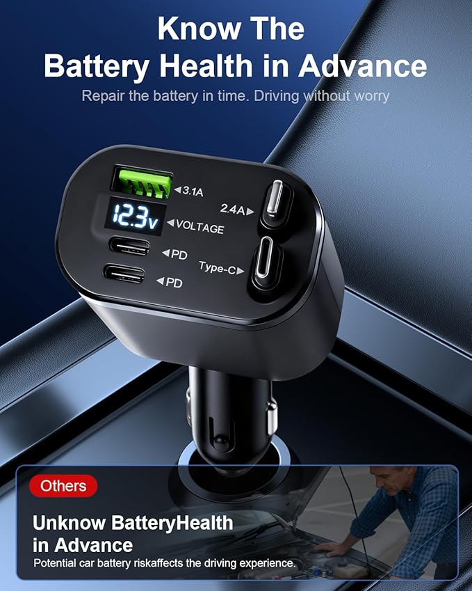 5-in-1 Fast Car Charger with USB-A and USB-C Ports, Compatible with iPhone 16/15/14, Samsung Galaxy