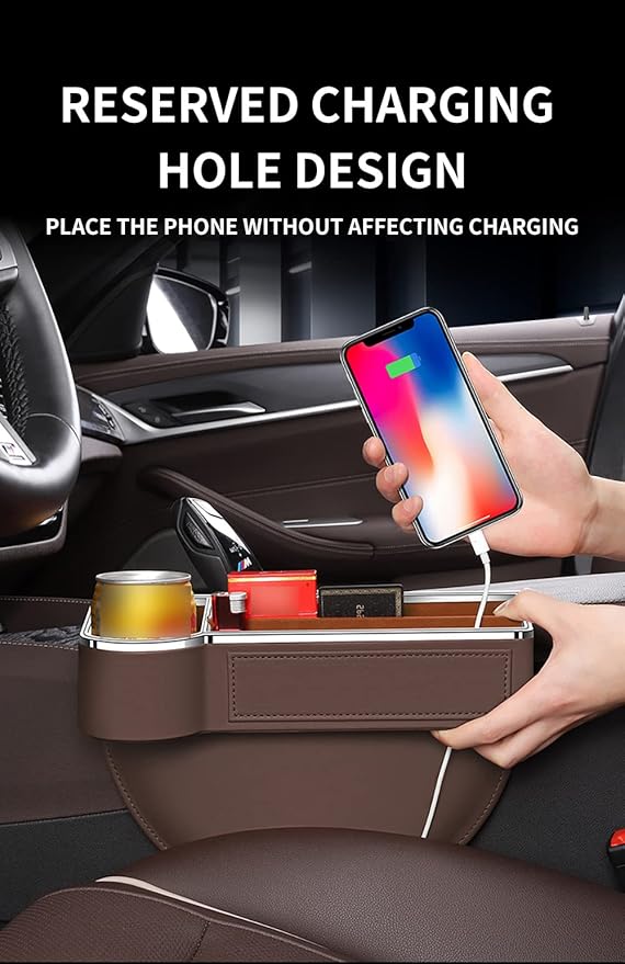 SANRILY 2 Pack Car Seat Gap Filler Organizer with Cup Holder Universal Fashion PU Leather Multifunctional Car Center Console Organizer with USB Hole Brown
