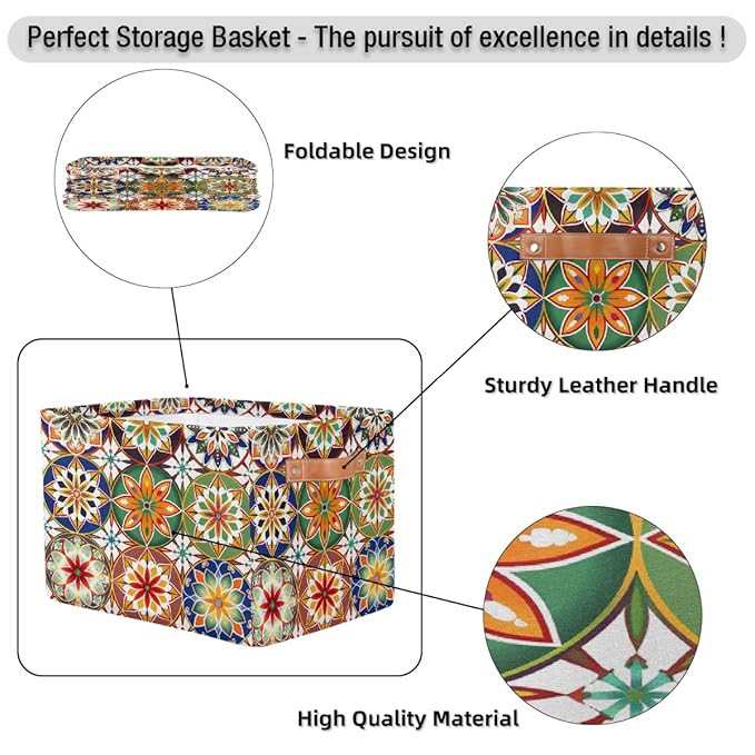 Mandala Flowers Storage Baskets for Organizing, Fabric Collapsible Storage Bins Box Ethnic Boho Decorative Toy Organizer Baskets for Closet Shelves Gift Basket 2Pcs
