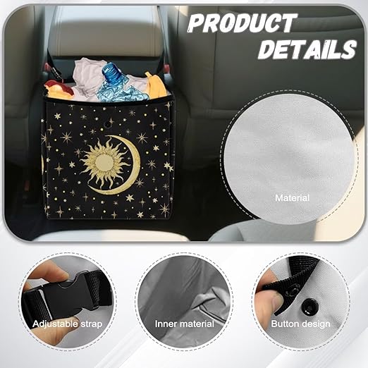 Car Trash Bag Hanging, Sun Moon Stars Pattern Garbage Bag and Water Resistant Trash Can for Car, Leakproof Trash Can for SUV Truck Car Accessories(Black)