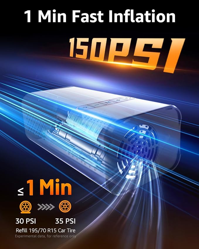Tire Inflator Portable Air Compressor - Cordless Air Pump for Car Tires with Tire Pressure Gauge (150 PSI) - One Click Smart Pump Tire Inflator for Car, Motorcycle, Bicycle and Ball, Gift for Dad, Men