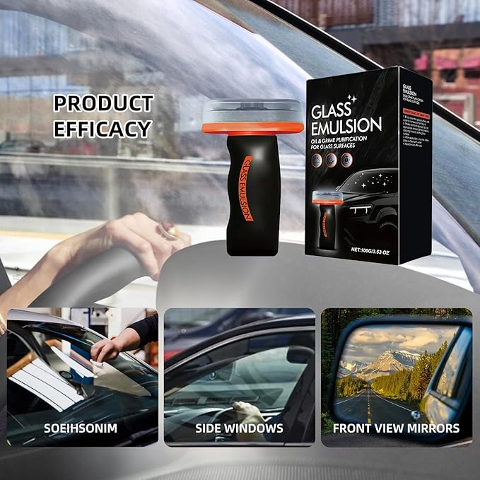 Glass Oil Film Remover for Car, Roll-On Glass Compound with Cleaning Board, All-Weather Windshield Kit, Easy-to-Apply and Clean