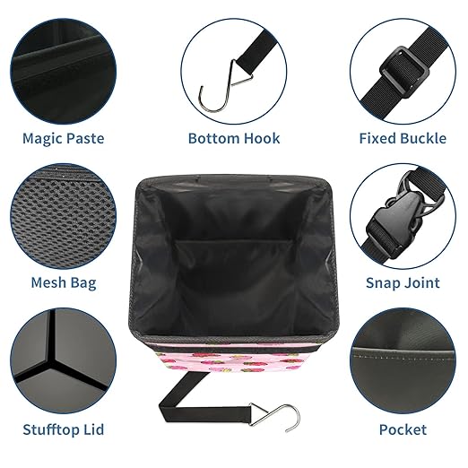 Pink Strawberry Car Trash Can with Lid Collapsible Reusable Waterproof Car Garage Bag,Automotive Garbage Can,Car Accessories Interior Car Organizer