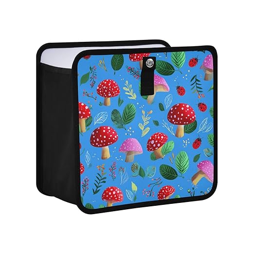 Car Trash Can Organizer Bin with Adjustable Strap for Back Front Seat Console Waterproof Leakproof Collapsible Portable 11 Inch Bright Blue Mushrooms Leaves and Ladybugs