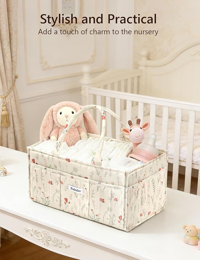 Baby Diaper Caddy Organizer, Portable Nursery Storage Basket for Newborn Essentials, Changing Table & Car Caddy Organizer, Gift for Baby Shower, Registry Must-Have for Boy Girl, Floral Beige