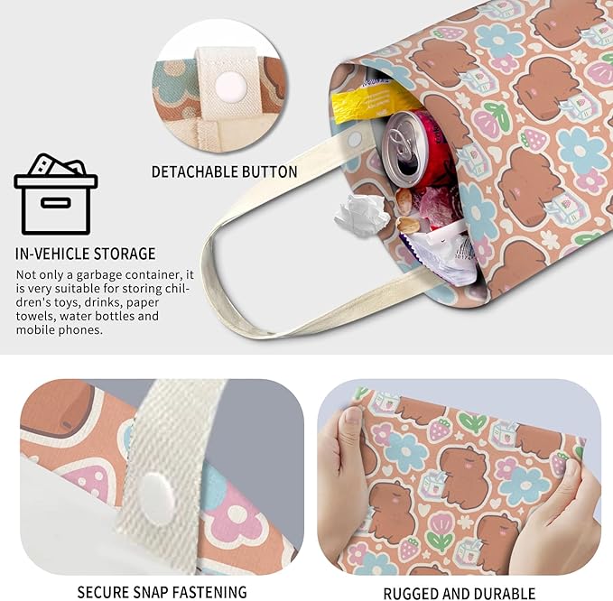 Cute Car Trash Can, Hanging Canvas Car Back Seat Organizer and Storage Bag, Funny Car Trash Bag for Travelling, Outdoor Cute Brown Capybara