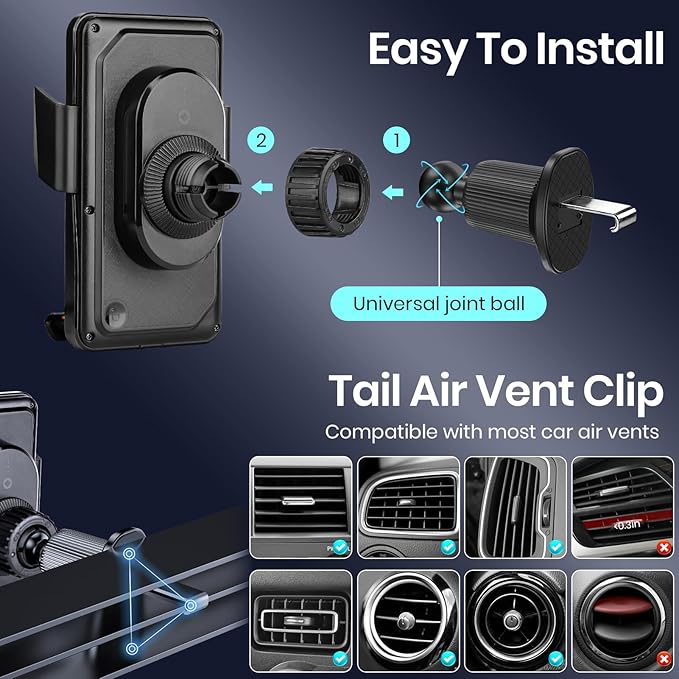 Car Phone Charger Holder, Smart Auto-Clamping Fast Charging Car Phone Holder with Atmosphere Lights, Rotating Air Vent Mount Compatible with All Smartphones (Black)