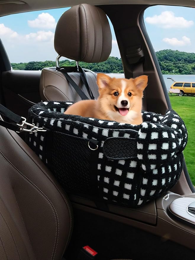 Prpeko Portable Dog & Cat Car Seat - Under 13 lbs, With Cozy Bow Neck Pillow (Grid-Black)