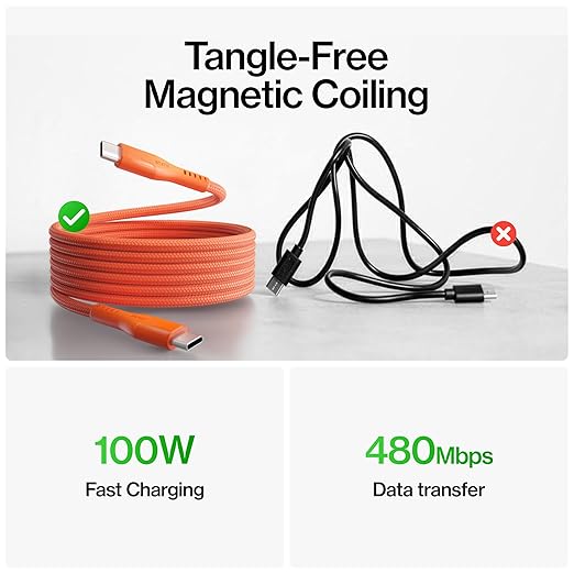 Statik MagStack Pro USB C to USB C Cable, Magnetic Type C Charger Fast Charging Cord, On The Go Magnetic Charging Cable for Car, Compatible with 16 Pro Max, 15, Galaxy S21, Orange 100W 6FT, 5 Pack