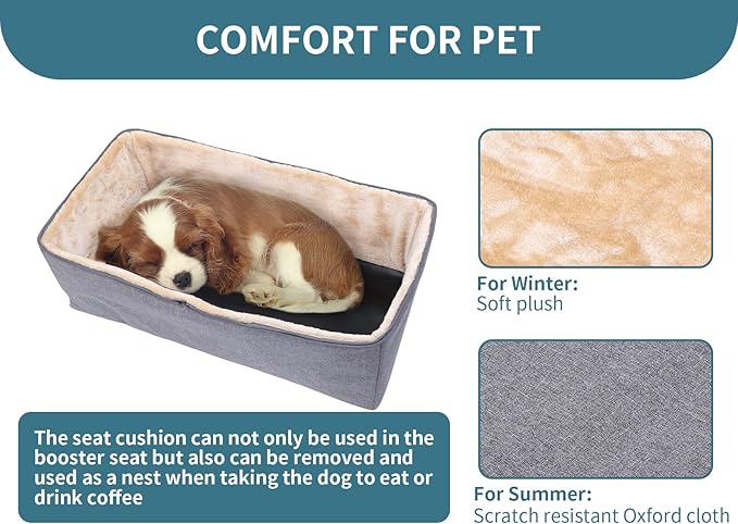 Petsfit Dog Car Seat for Large Dogs, Pet Travel Dog Booster Seat with 2 Safety Belt, Washable Double-Sided Cushion and Storage Pocket for Medium Dogs (Large, Light Grey)