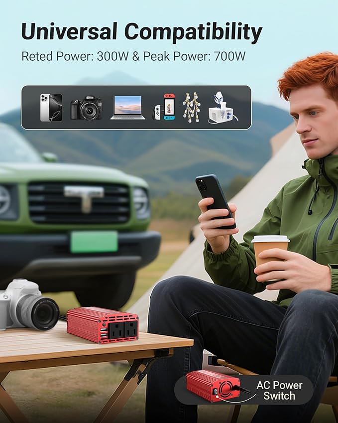 BESTEK Power Inverter DC 12V to AC 110V - 300W Car Plug Adapter Outlet with 4.8A Dual USB Fast Charging Port - Car Charger Cigarette Lighter Adapter for Phone, Laptop on Road Trip - Aluminum Housing