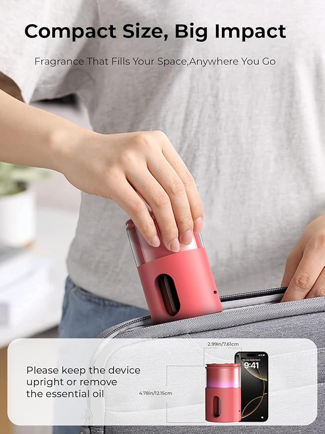 Waterless Diffuser for Essential Oil: Mini Battery Scent Diffuser for Room&Home&Car with 9 Colors LED Light - Aroma Cool Mist Machine Bright Red