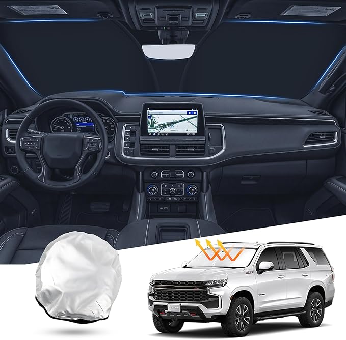 T TGBROS Windshield Sun Shade for Chevrolet Tahoe/GMC Yukon 2021-2025 2026 Front Window Sunshade Sun Shield Foldable Sun Visor Cover for Chevy Tahoe/Yukon Accessories Block Heat and Sun Protection