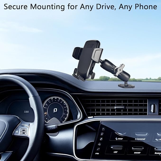 VAUBORTTI 1" Ball Phone Mount – Aluminum Alloy Arm & Base, Double Ball Joint, 360° Adjustable, Screw-Mounted Base, Fits RAM B Size System – Universal Holder for Car, Truck, Van, Desk, Wall, Dashboard
