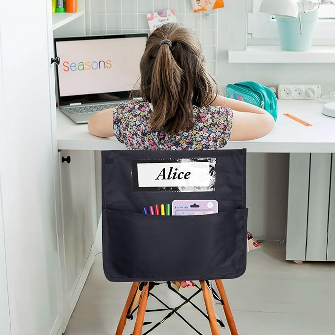 AZKAQA Chair Pockets for Classroom 15.6x16.8 Inch - 12 Pack Chairback Buddy Pocket Chart Seat Back Organizer Student Storage with Lable Slot for Classroom Kindergarten School Home (Black)
