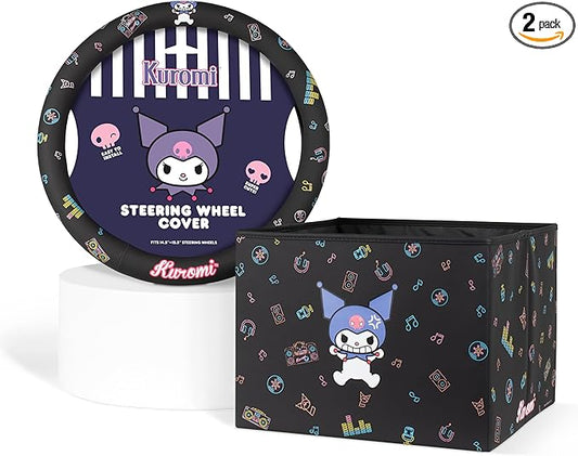 Sanrio Kuromi Car Trunk Organizer & Steering Wheel Cover Set – Cute, Non-Slip, Soft Grip Car Accessories for Women – Collapsible Storage Bin for Groceries, Tools & Travel – 12.5"L x 12.5"W x 9"H
