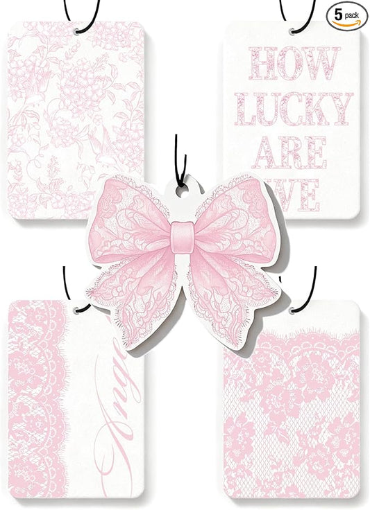 Car Air Freshener Cute Pink Lace Bow Coquette Girly 5pcs Automotive Accessories Car Interior Hanging Scents Mirror Decor for Women Teen Girls