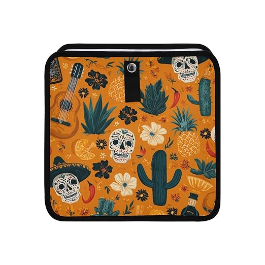 Car Trash Can Organizer Bin with Adjustable Strap for Back Front Seat Console Waterproof Leakproof Collapsible Portable 8.66 Inch Orange Day Of The Dead Skull Cacti