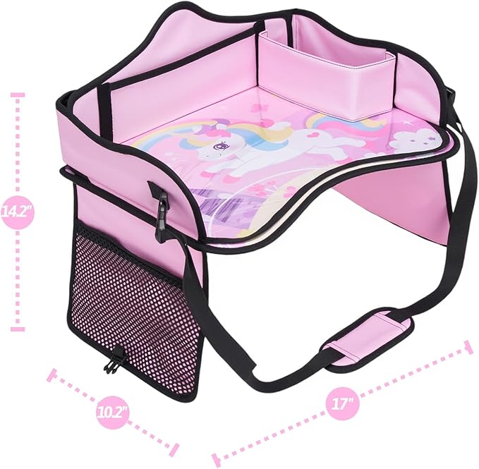 OUOZZZ Kids Travel Tray for Car - Girl's Safety Seat Table, Toddler Road Trip Essentials - Carseat/Airplane Lap Desk with Weight-Relief Strap, Non-Skid Silicone Base, Waterproof Dining/Craft Mat