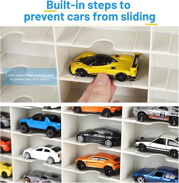 Storage Case for Hot Wheels - Carrying Display Case for 1/64 Scale Toy Cars, 48-Slot Double-Sided Transparent Organizer with Built-in Steps Prevent Sliding & Adjustable Dividers