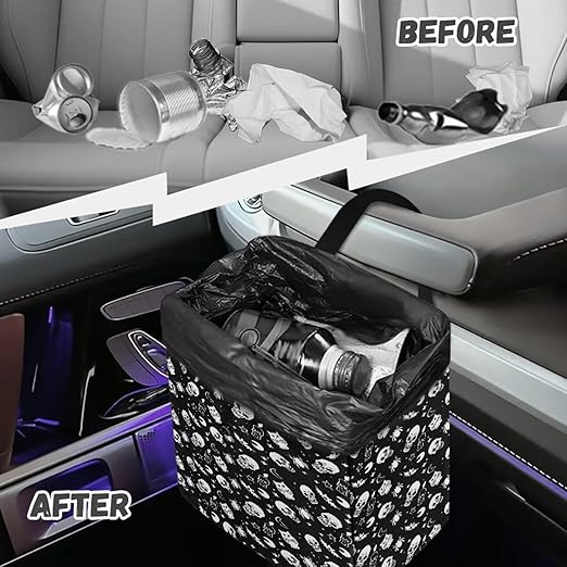 Gothic Skull Moon Star Owl Pattern Garbage Bag and Water Resistant Trash Can for Car, Leakproof Trash Can for SUV Truck Halloween Car Accessories