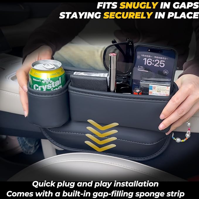 ETZAR Car Seat Gap Filler Organizer, Car Organizer, Seat Gap Storage Box with Cup Holders for Drink, Car Leather Cup Holder Gap Bag Front Seat for Holding Phone, Sunglasses,Keys（Brown Passenger Seat