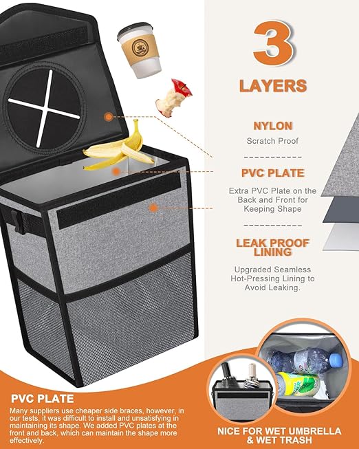 Car Trash Can with Lid, Cute Leakproof Car Trash Garbage Bag Hanging Vehicle Trash Bin Small Portable Automotive Garbage Cans Organizer for Back/Front Seat/Console(2.8 Gallons,Grey)