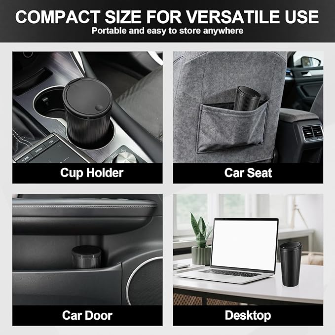 SINGARO 2PCS Car Trash Can with Lid, Leakproof Mini Garbage Bin for Car Cup Holder, Small Trash Can for Vehicle, Home & Office - Includes 60 Bags, Easy Clean (Black)