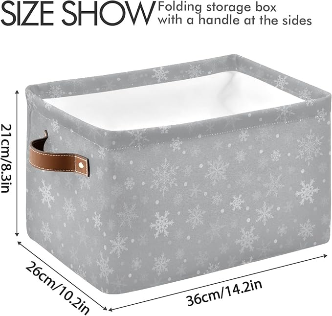 Wamika Winter Snowflake Gray Storage Basket with Waterproof Liner and PU Handles Christmas Snow Xmas Storage Bins Boxes 14.2" Collapsible Decorative Organizer Baskets for Bedroom Closet Office 1 Pack
