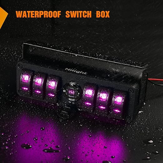 Nilight 6 Gang Rocker Switch Box 12V SPST ON Off Toggle Switches PD Type C and QC 3.0 USB Sockcet Voltmeter Purple LED Light Waterproof Aluminum Mount Bracket Panel DIY Stickers for Boat Car RV Truck