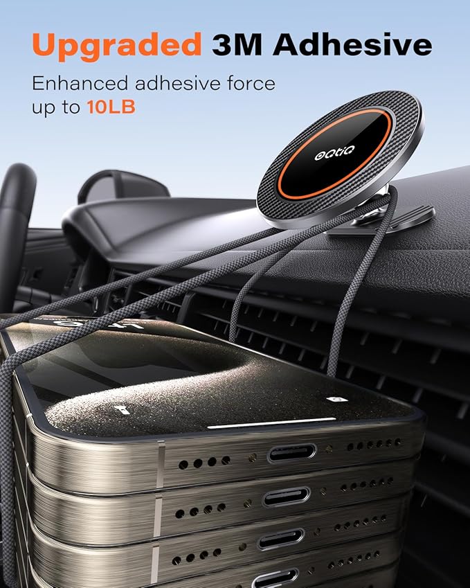 OQTIQ for MagSafe Car Mount - 17 N54 Magnets, 360° Rotation Magnetic Phone Holder for Dashboard, Compact & Space-Saving, Compatible with iPhone 17/16/15/14/13/12