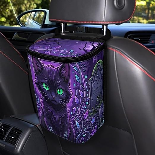 Talayituse Purple Cat Forest Leaf Print Car Trash Can Portable Auto Garbage Bin Multifunctional Vehicle Interior Accessories with Adjustable Straps Universal Fit Truck SUV Sedan